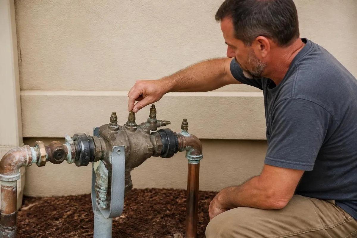 Plumber opening the test cocks on an irrigation backflow preventer, backflow testing in Durham, NC