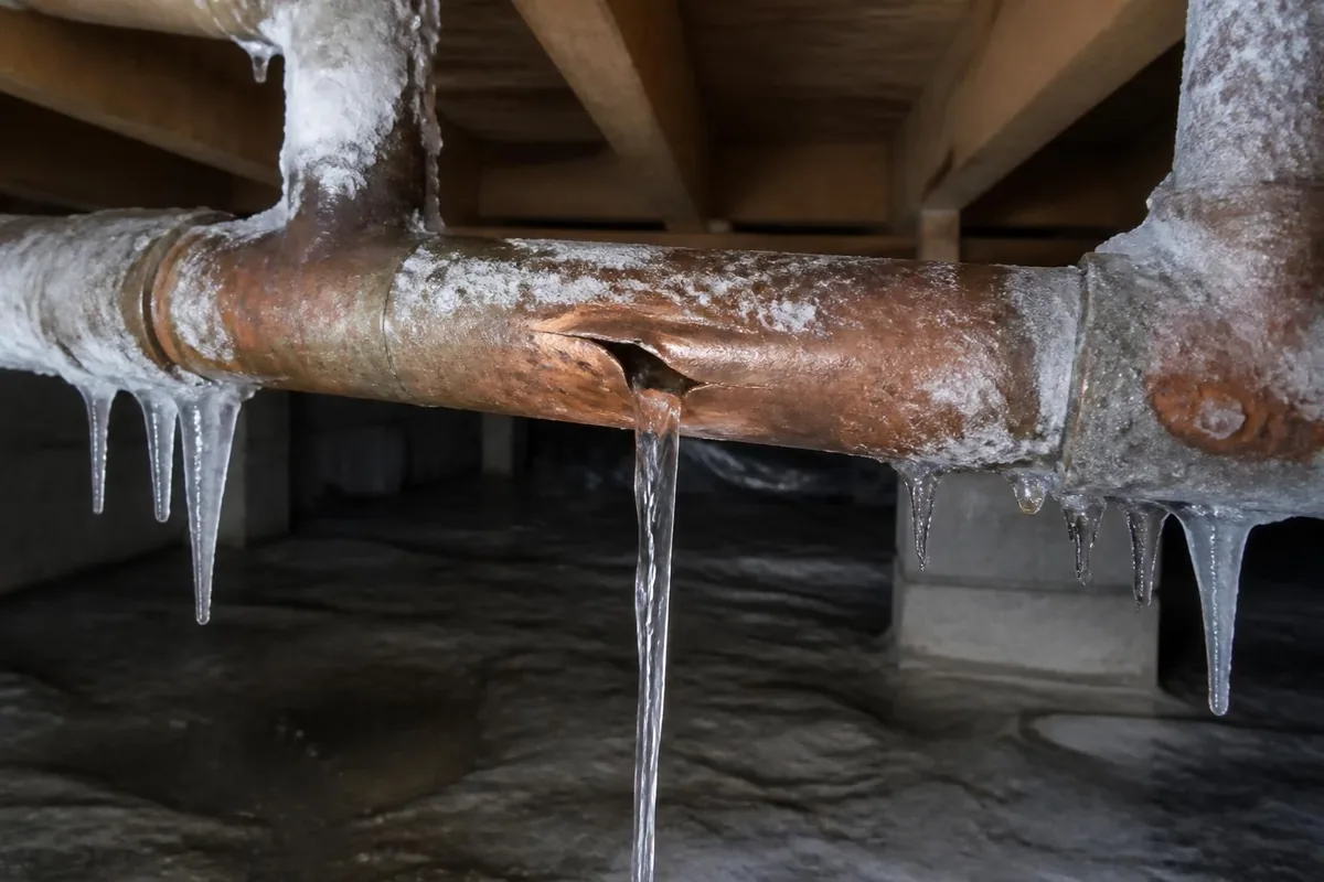 Split pipe with ice and frost on it in a cold crawl space, burst pipe repair in Durham, NC