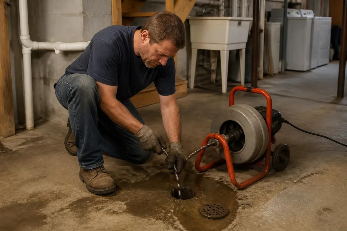 Plumber using a drum drain machine at a floor drain in a basement, drain cleaning in Durham, NC