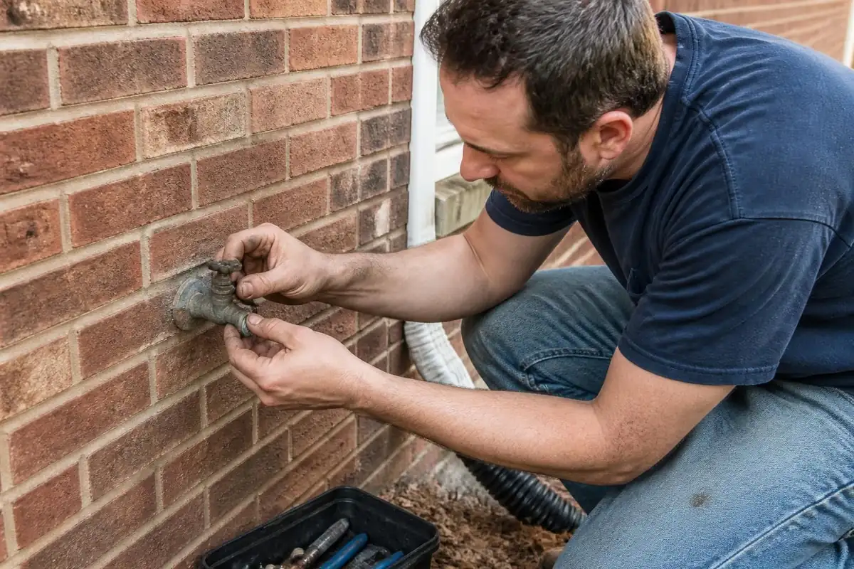 Plumber repairing a leaking outdoor hose bib on a brick wall, faucet repair in Durham, NC