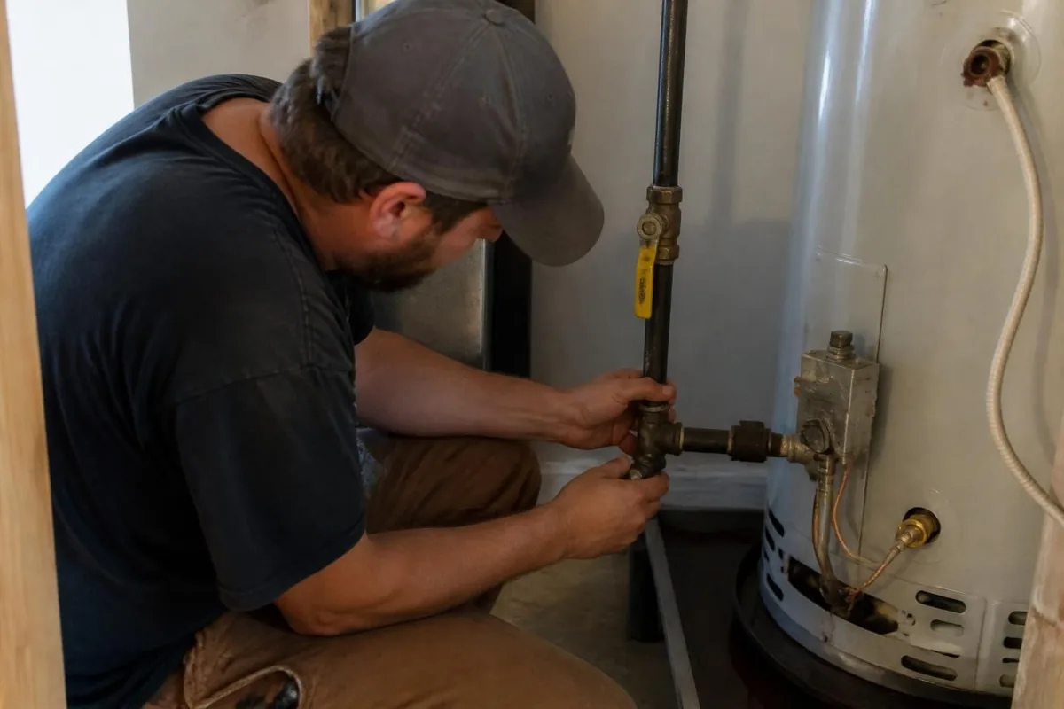 Plumber installing black iron gas pipe with a shutoff valve to a water heater, gas line services in Durham, NC