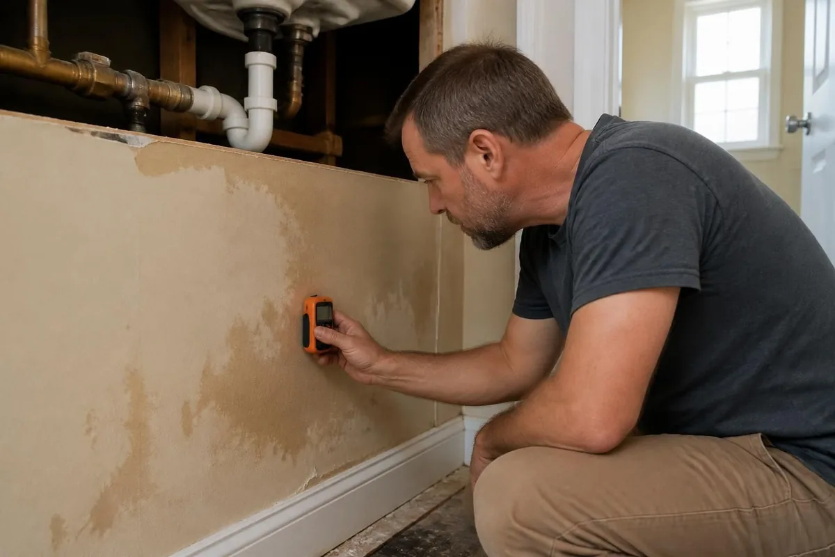 Plumber using a moisture meter on drywall below a bathroom, leak detection in Durham, NC