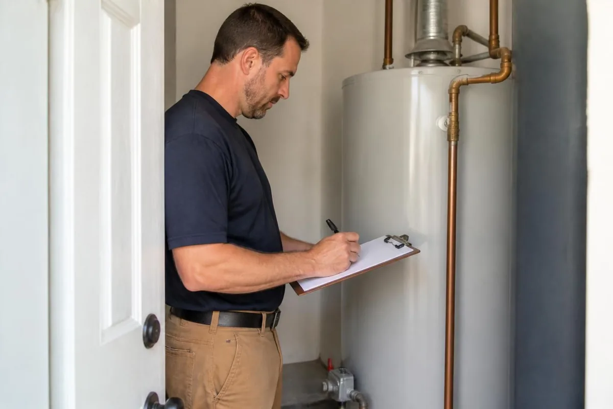 Plumber taking notes on a clipboard beside a water heater, plumbing inspection in Durham, NC