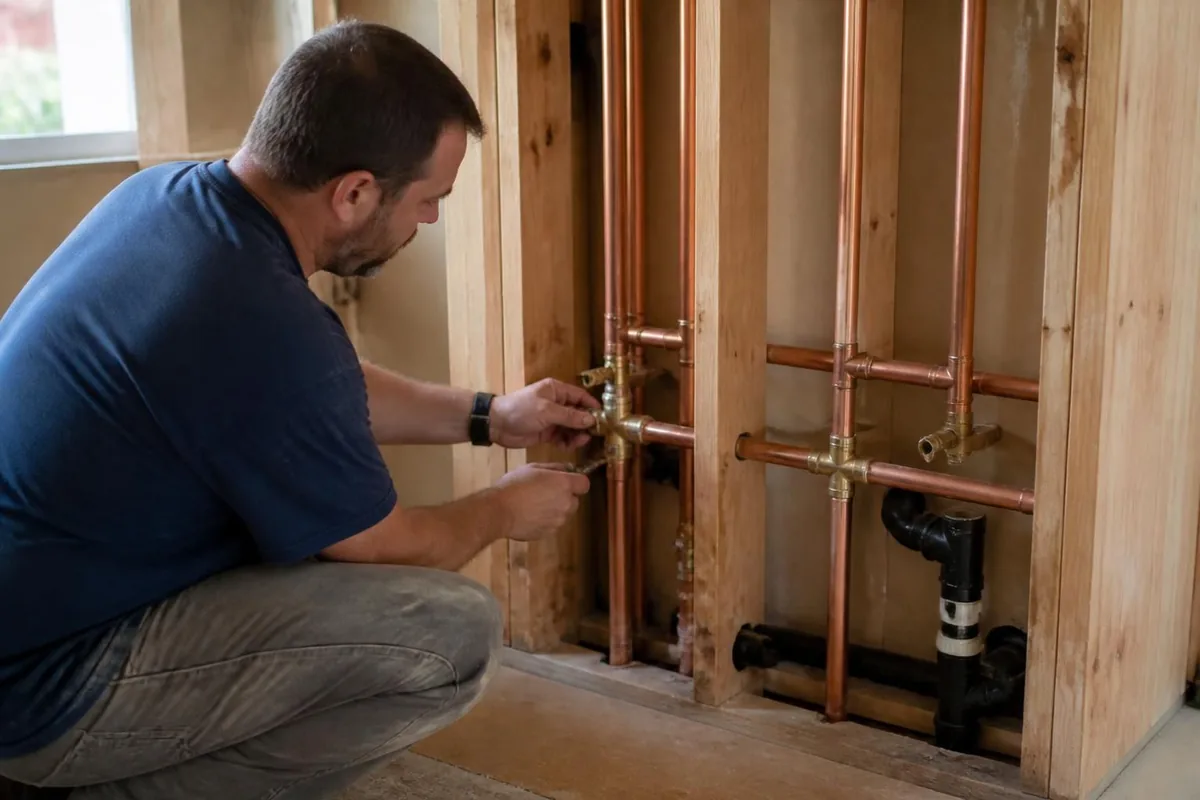 Plumber installing new copper supply lines in an open bathroom wall, repiping in Durham, NC