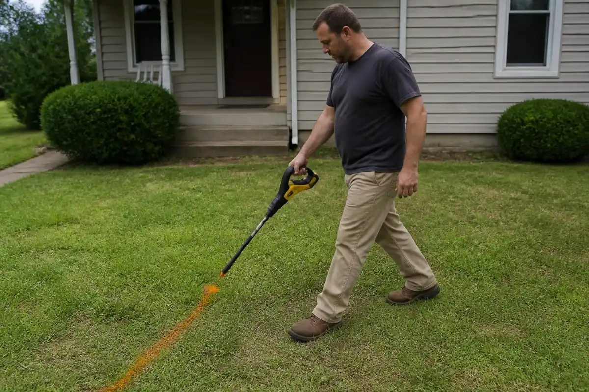 Plumber marking the ground with a pipe locator above a sewer line, sewer camera inspection in Durham, NC