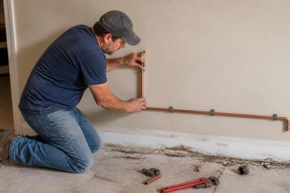 Plumber rerouting a water line along a wall to bypass a slab leak, slab leak repair in Durham, NC