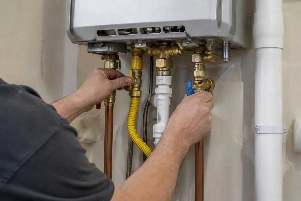 Close view of a tankless water heater with service valves installed, tankless water heaters in Durham, NC