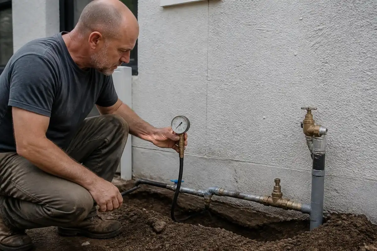Plumber pressure testing a new water service line with a gauge, water line repair in Durham, NC