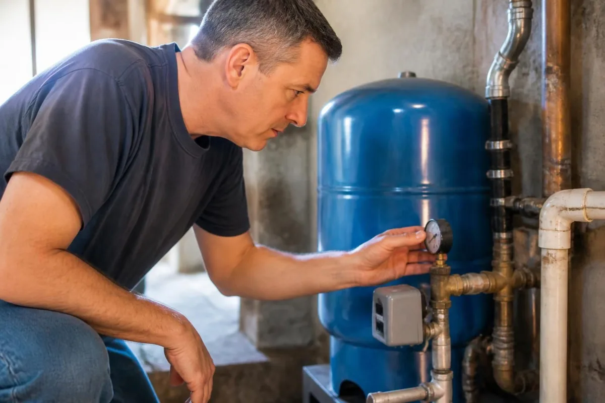 Plumber checking the pressure gauge on a well water system, well pump repair in Durham, NC